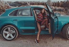 women, Alexander Belavin, sneakers, thong, women with cars, sitting