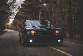 Dodge, Challenger, front view, black sports coupe