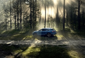 Audi, e-tron, 2018, side view, blue SUV, electric car