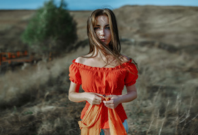 women, bare shoulders, portrait, hair in face