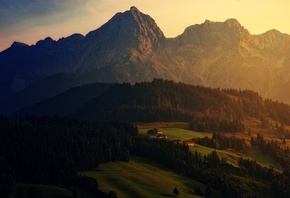 Alps, mountain landscape, sunset, evening, forest, mountain village, houses