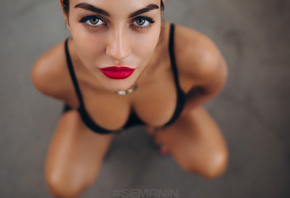 women, black dress, red lipstick, tight dress, squatting, face, Aleksandr S ...