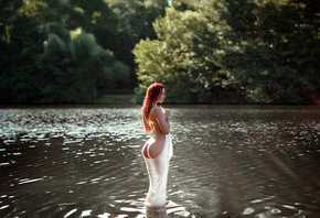 women, Inga Sunagatullina, ass, redhead, boobs, river, nude