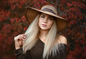 women, blonde, hat, portrait, white nails, bare shoulders