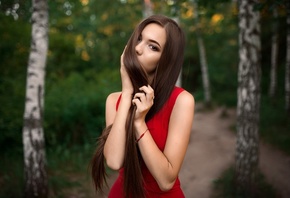 women, portrait, red clothing, trees, long hair, bokeh