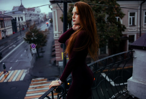 women, portrait, redhead, tight dress, balcony