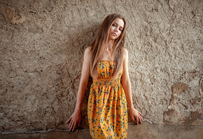 women, portrait, dress, blonde, wall, yellow dress