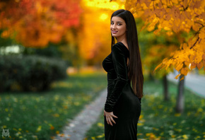 women, Mihail Gerasimov, tight dress, portrait, smiling, trees, leaves, gra ...