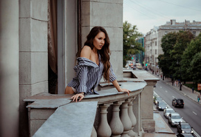 women, shirt, white panties, portrait, balcony, bare shoulders, brunette