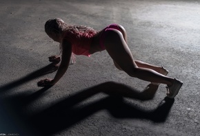 bikini, panties, tattoo, ass, skinny, shadow, hands on hips, pierced navel, curly hair, sneakers