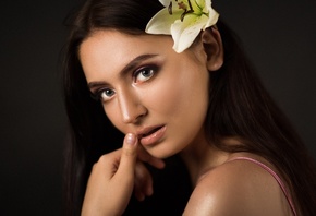 women, face, flowers, portrait, simple background