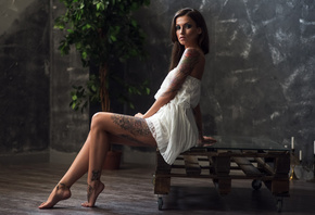 women, sitting, white dress, tattoo, portrait, bare shoulders