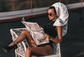 women, towel head, tanned, sitting, newspapers, high heels, sunglasses, one-piece swimsuit