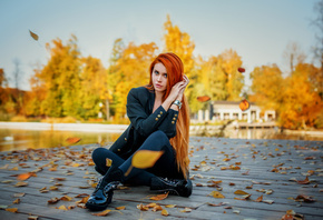 women, Dana Bounty, redhead, sitting, long hair, leaves, black clothing, wo ...