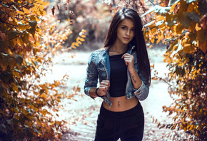 women, belly, pierced navel, tattoo, denim, black clothing