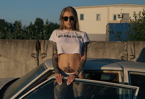 women, blonde, tattoo, women with cars, sunglasses, belly, women outdoors,  ...