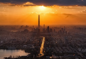 Tianjin, sunset, panorama, cityscapes, Asia, China