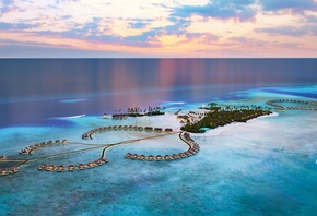 Maldives, ocean, tropical islands, luxury hotel, bungalow, evening, sunset