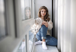 women, sitting, jeans, window, smiling, reflection, portrait, socks