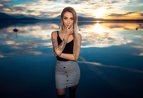 women, blonde, tattoo, portrait, long hair, sunset, skirt, finger on lips, water