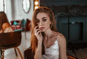 women, portrait, painted nails, mirror, reflection, necklace, chair