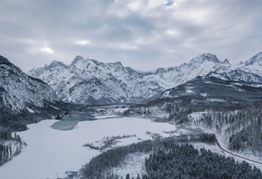 Austria, Almsee, Lake, Snow, Mountain, Winter, Clouds, , , 