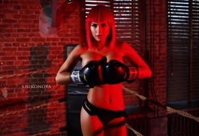 women, Svetlana Nikonova, belly, boxing gloves, strategic covering, portrai ...