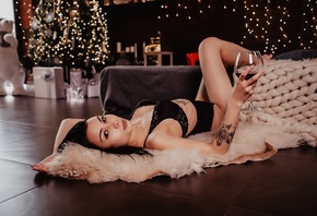 women, lying on back, tattoo, black lingerie, Christmas tree, drinking glas ...