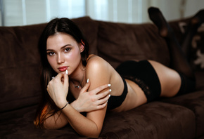 women, Marco Squassina, ass, couch, white nails, black lingerie, portrait,  ...