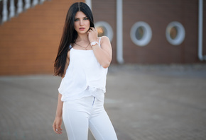 women, Dmitry Sn, white clothing, portrait, white nails, necklace