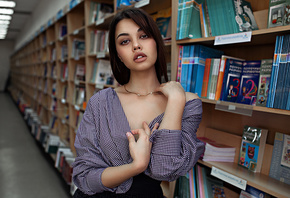 women, portrait, books, necklace, brunette