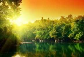 water, the sun, trees, reflection, colorful