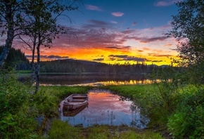 sunset, lake, boat