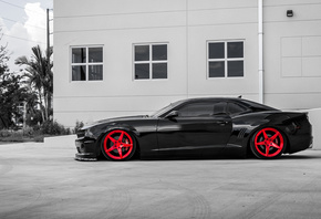 Chevrolet, Camaro, black, supercar, red, wheels, side view, tuning