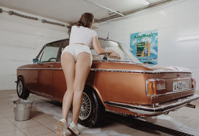 women, jean shorts, Garage, women with cars, car washes, soap, the gap, back, bucket, brunette, white clothing, sneakers