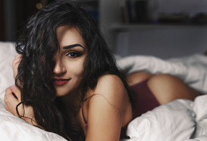 women, brunette, smiling, in bed, red lipstick, ass, portrait, lying on front, hair in face