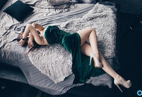 women, high heels, green dress, armpits, in bed, closed eyes, pillow