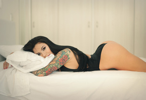 women, ass, bodysuit, brunette, red nails, tattoo, in bed, lying on front,  ...