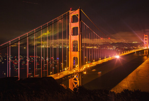 Golden Gate Bridge, evening, night, cityscape, city lights, San Francisco