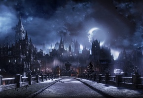 Fantasy Castle, Moon, Dark, Clouds, Bridge