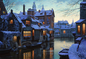 Twilight in Brugge, , boats,  , , houses, , 