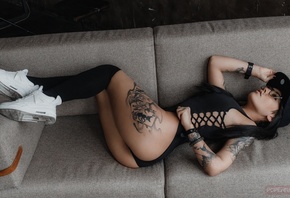Andrey Popenko, model, dark hair, couch, lying on side, ass, bodysuit, sneakers, knee highs, women with glasses, bas