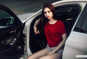 women, portrait, jean shorts, women outdoors, T-shirt, women with cars, sit ...