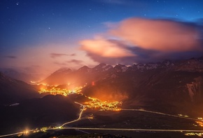 Switzerland, Village, Lights, Mountain, Scenic, Clouds, Stars