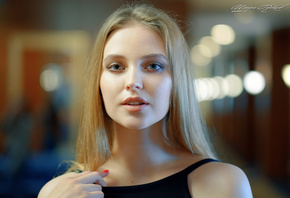 women, blonde, red nails, portrait, bare shoulders, bokeh