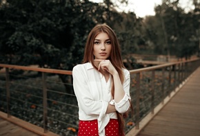 women, portrait, polka dots, eyeliner, white shirt, women outdoors