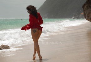 women, Aleksandr Semanin, tattoo, sea, beach, ass, women outdoors, red dress, sand, brunette