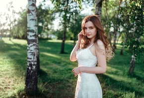 women, portrait, white dress, trees, grass, women outdoors