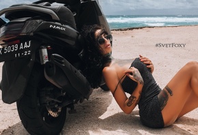 women, Svetlana Nikonova, sand, sea, black dress, women outdoors, beach, si ...