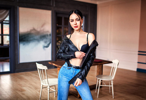 women, skinny, black bras, jeans, chair, table, belt, leather jackets